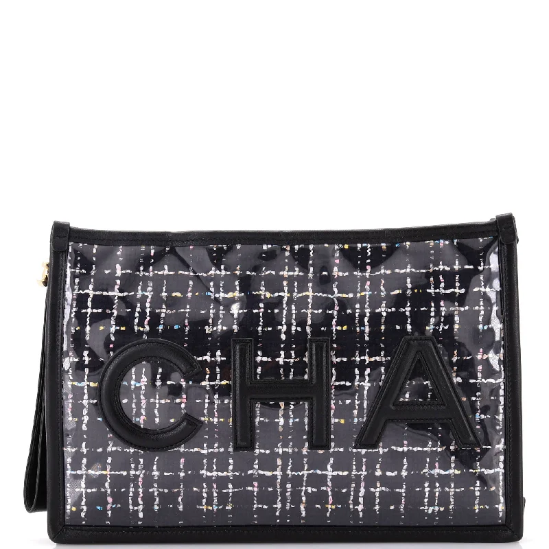 Christian Dior Saddle bags with a distressed leather finishLogo Wristlet Clutch PVC Over Quilted Tweed Large