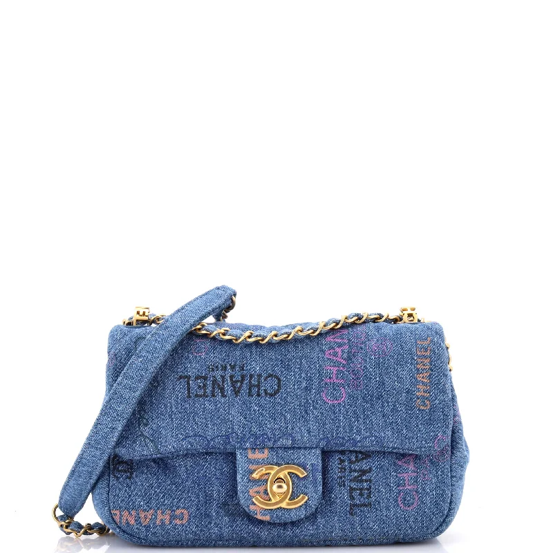 Christian Dior tote bags with a printed Dior logo on the frontDenim Mood Flap Bag Logo Printed Quilted Denim Small