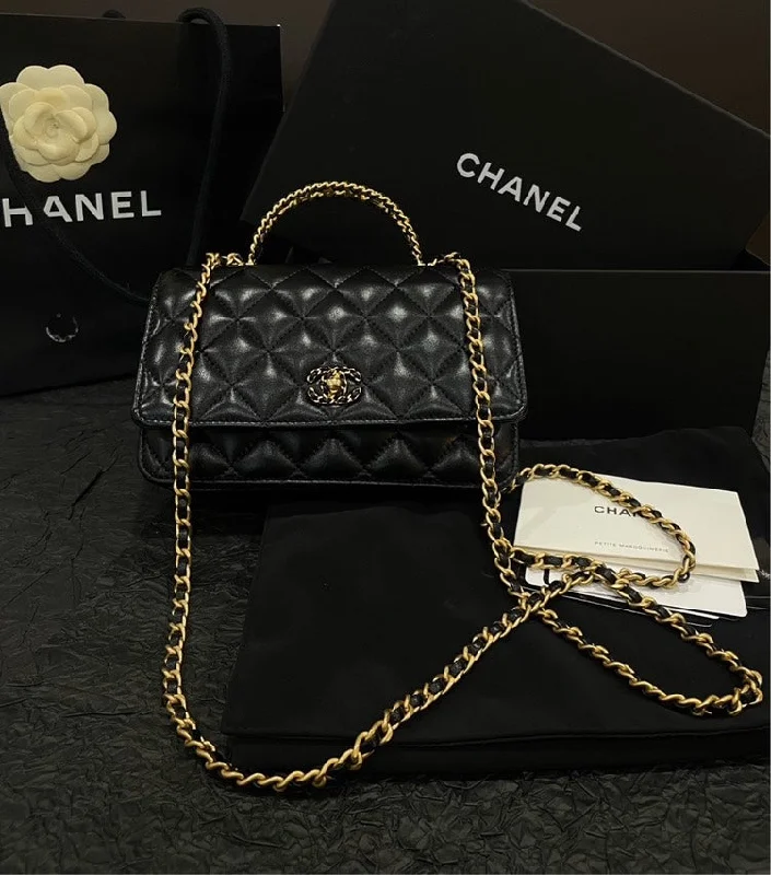 Chanel Vintage Inspired Handbag for Retro LoversChanel Black Sheepskin Logo Handle Flap Bag 24C