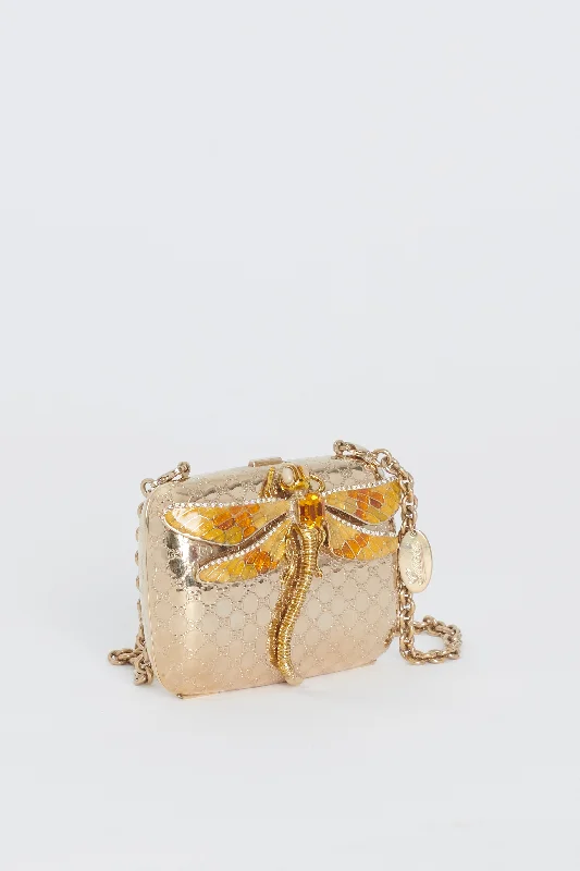 Ladies Gucci Dionysus bags with a chain - link shoulder strapGold Micro Guccissima Embossed Metal and Enamel Dragonfly Minaudiere Bag