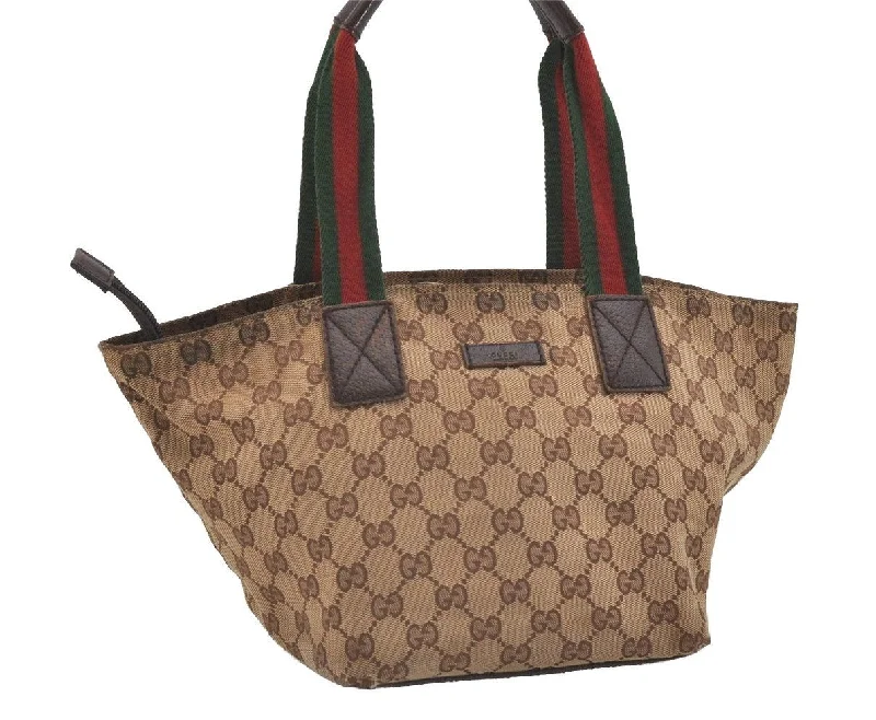 Women Gucci bags with a front - flap pocket for quick - access itemsAuthentic GUCCI Web Sherry Line Tote Hand Bag GG Canvas Leather Brown 4206J