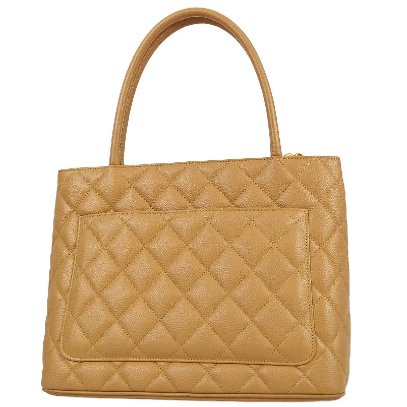 Chanel Quilted Leather Shoulder Bag for FashionistasChanel 2001-2003 Beige Caviar Medallion Tote Handbag