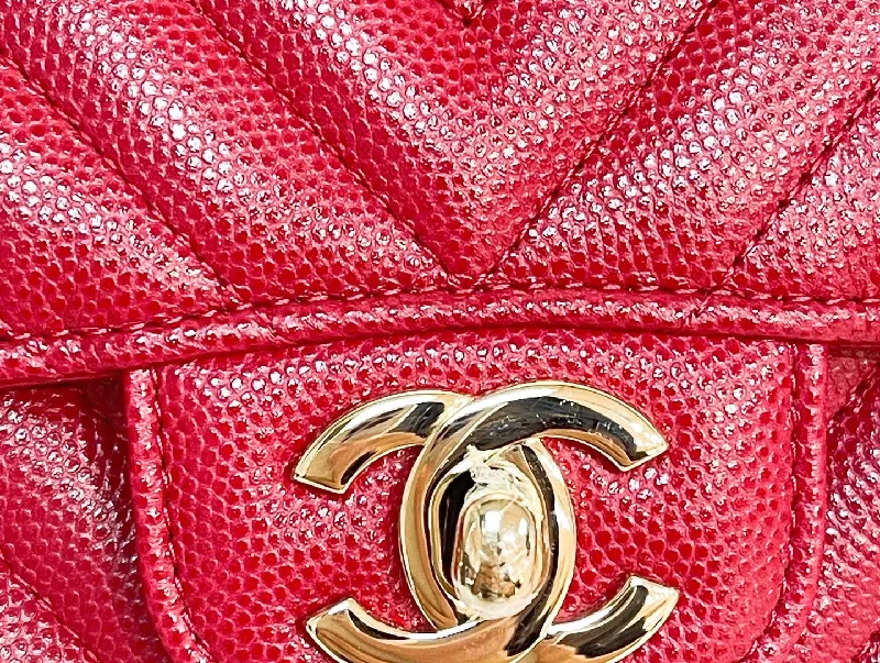 Chanel Designer Handbag with Unique DesignChanel 18B Mini Square Raspberry Red Chanel Chevron Caviar with light gold hardware