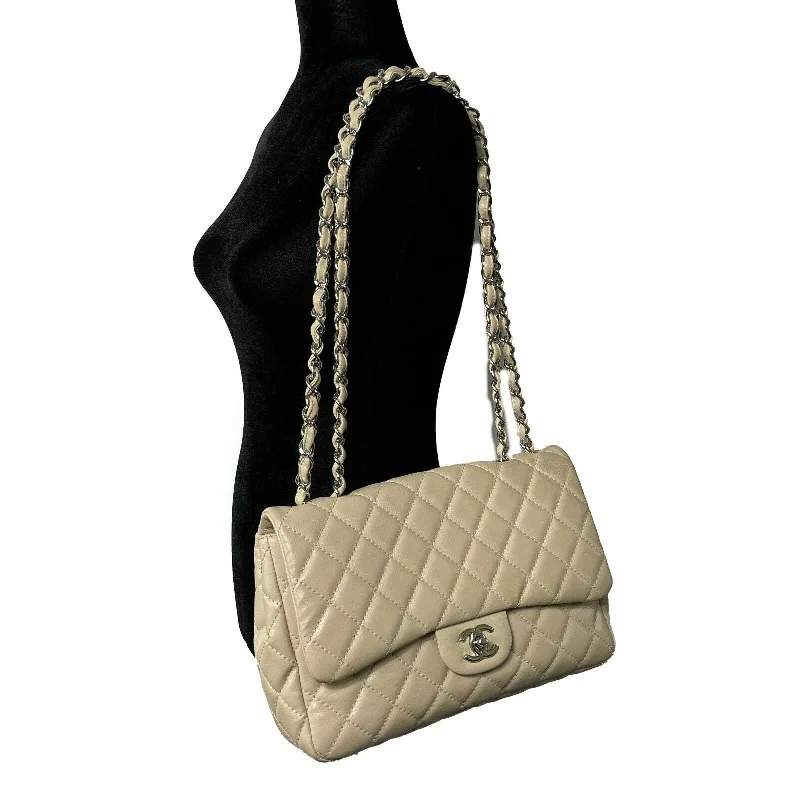 Chanel Vintage Inspired Handbag for Retro LoversCHANEL - Jumbo Lambskin Quilted Single Flap - Beige / Silver Shoulder Bag