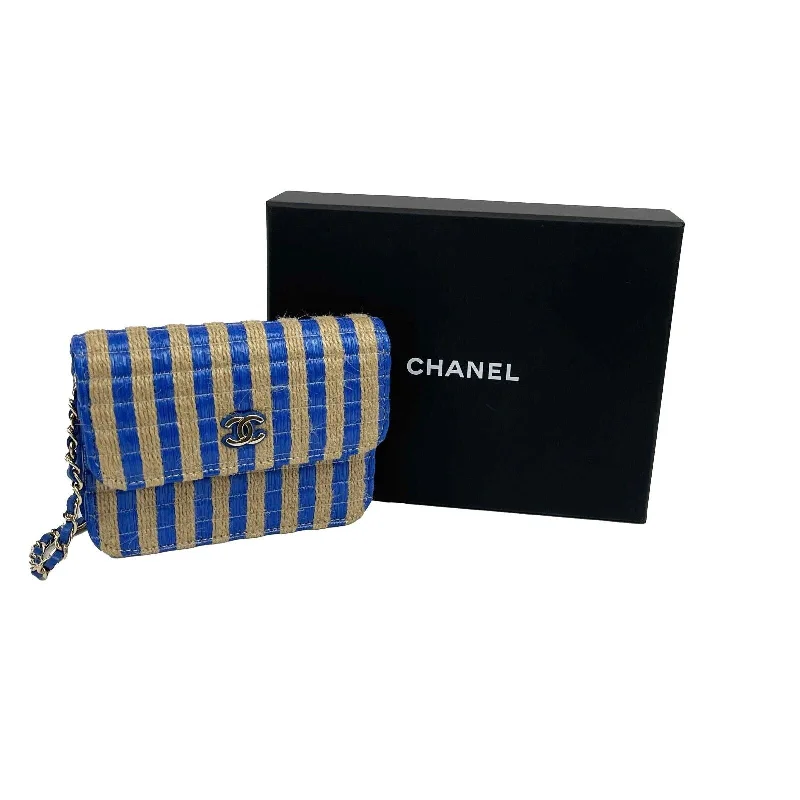 Chanel Luxury Handbag for High - End EventsCHANEL - 2021 Raffia Jute Striped Belt Bag - Blue / Beige / Gold Hardware