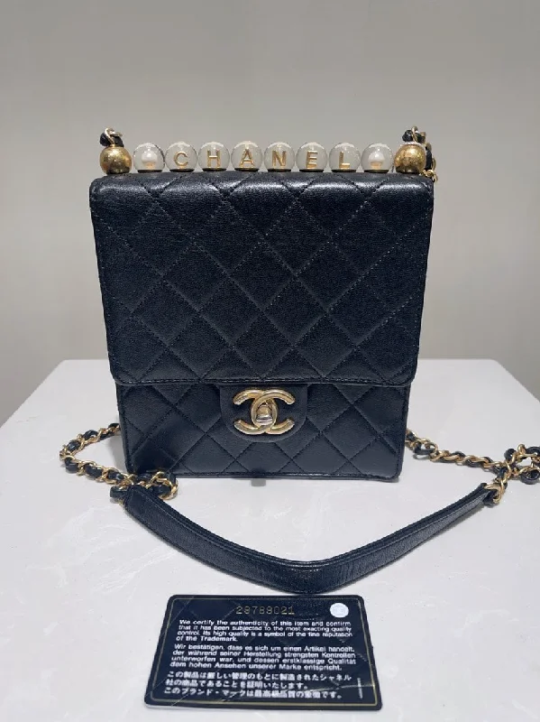 Chanel Handbag with Adjustable Strap for ComfortChanel Black Acrylic Pearl Chain Quilted Shoulder Bag