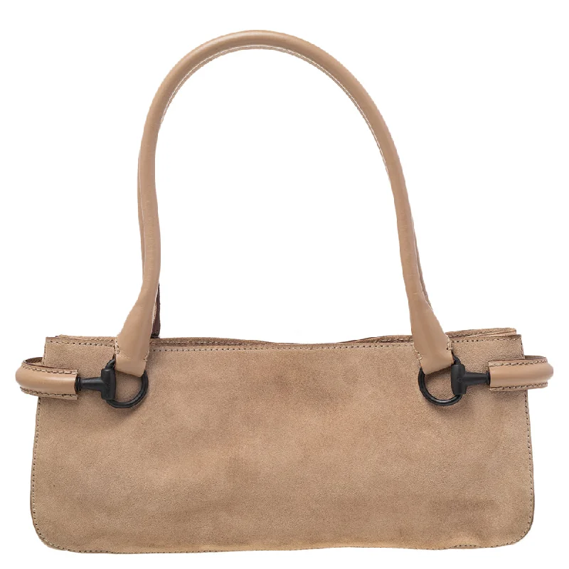 Women Gucci bags with a detachable mobile phone holderGucci Beige Suede And Leather Shoulder Bag