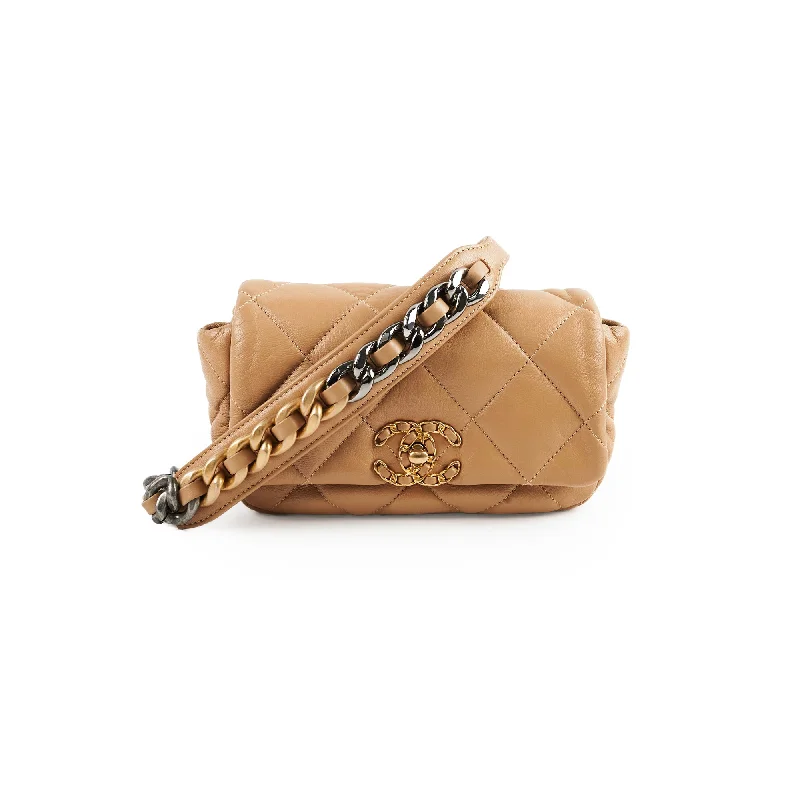 Chanel Designer Handbag with Unique DesignChanel 19 Quilted Waist Belt Bag Beige Calfskin