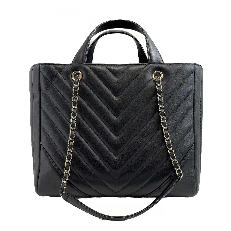 Chanel Lightweight Handbag for Daily ErrandsCHANEL - Large Shopping Tote Black Chevron Leather CC Tote w/ Shoulder Strap