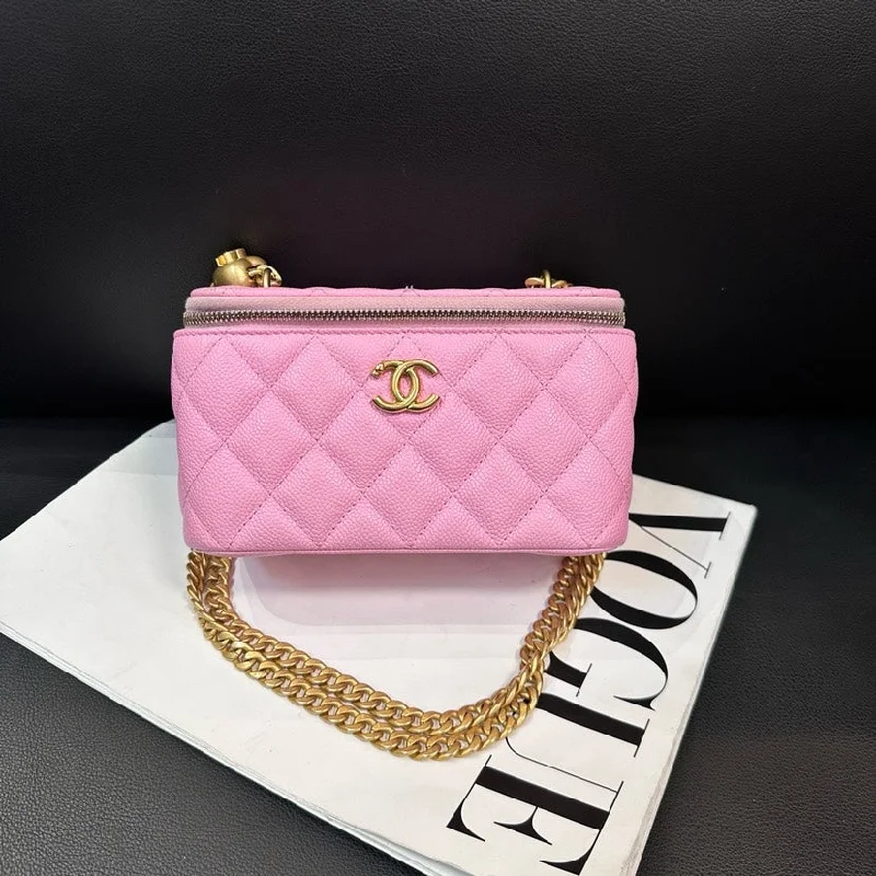 Chanel All - Match Handbag for Versatile StylingChanel Pink Litchi Grain Box Bag Medium Quilted Leather Chain Strap