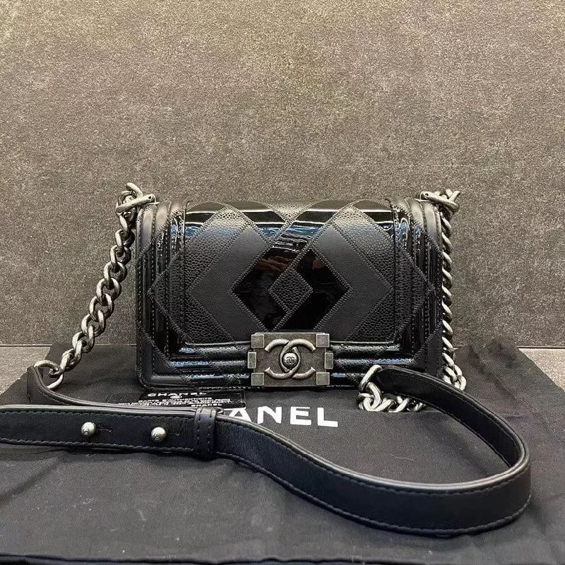 Chanel Lightweight Handbag for Daily ErrandsChanel Leboy Small Black Patent Leather Shoulder Bag