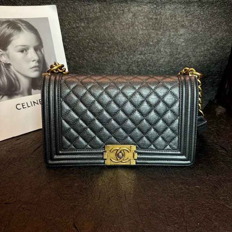 Chanel Designer Handbag with Unique DesignChanel Gunmetal Gold Le Boy Bag