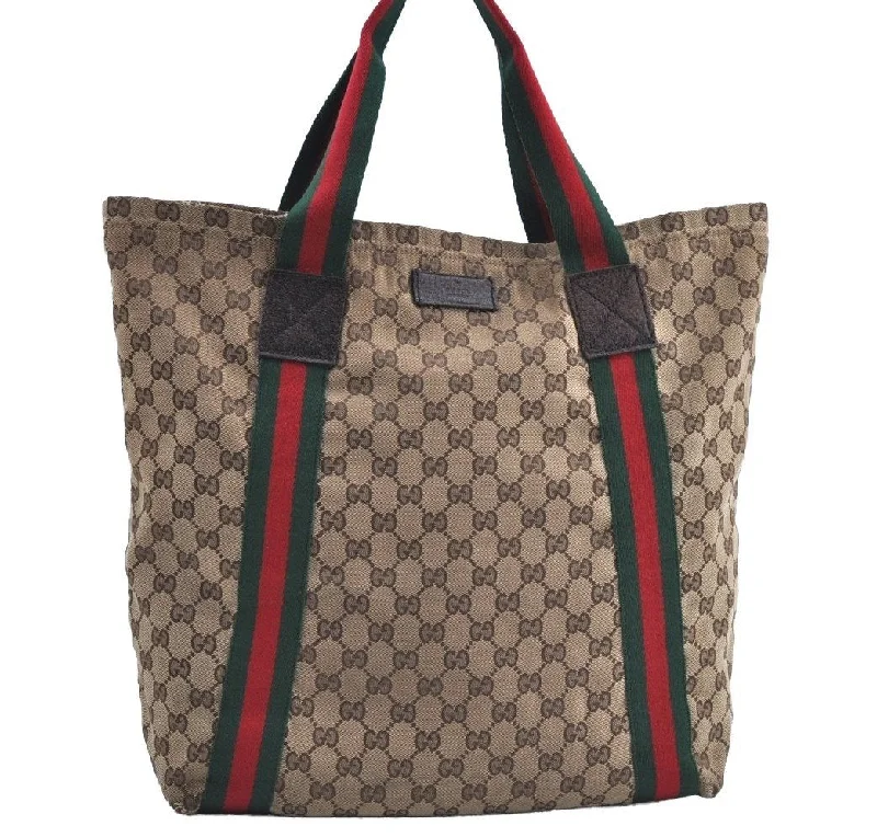 Women Gucci Sylvie bags with a crystal - embellished web stripeAuthentic GUCCI Web Sherry Line Tote Bag GG Canvas Leather 189669 Brown K8051