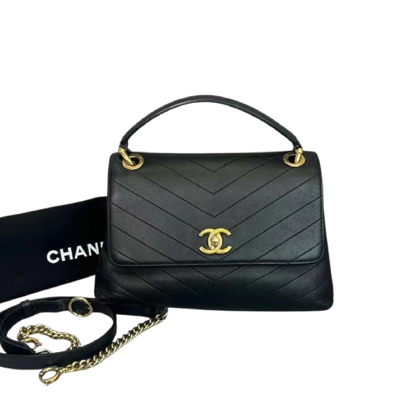 Chanel Handbag with Adjustable Strap for ComfortSmall Chevron Chic Top Handle Black GHW