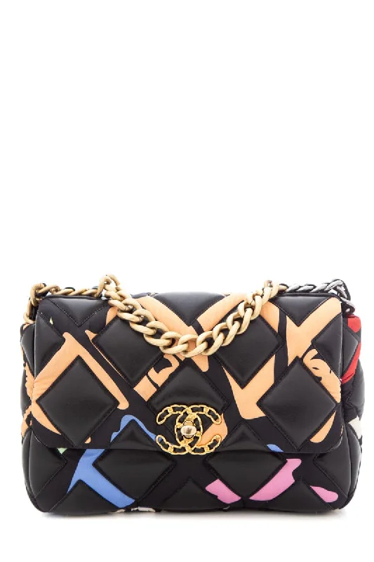 Chanel New Arrival Handbag with Gold HardwareChanel 19 Black Multicolor Printed Fabric &  Lambskin Handbag