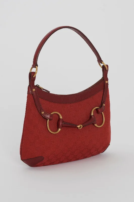 Ladies Gucci shoulder bags with a single - handle designGucci Vintage Red Monogram Canvas Horse-Bit Hobo Bag