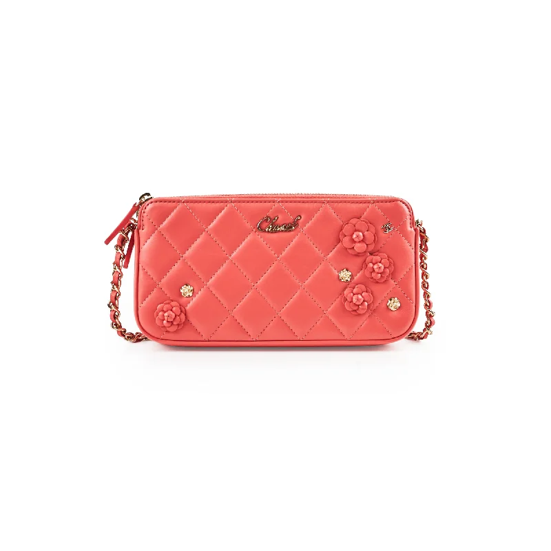 Chanel Designer Handbag with Unique DesignChanel Small Camelia CC Clucth with Chain Coral