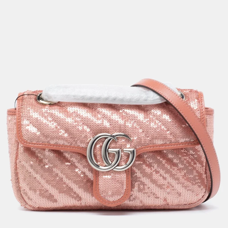 Gucci backpacks for women with a multi - pocket designGucci Pink Diagonal Sequins And Leather Mini GG Marmont Shoulder Bag