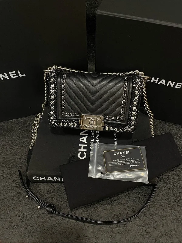 Chanel Handbag with Adjustable Strap for ComfortChanel Leboy Black Calfskin Chain Binding Flap Bag Size 24