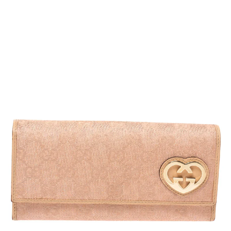 Women Gucci bags with a zippered interior pocketGucci Beige/Pink Shimmer GG Canvas Lovely Heart Continental Wallet