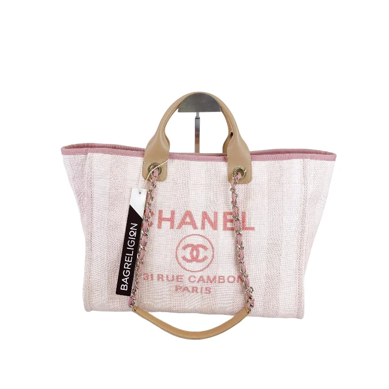 Chanel Handbag with Adjustable Strap for ComfortMedium Deauville Tote Mixed Fibers Pink SHW