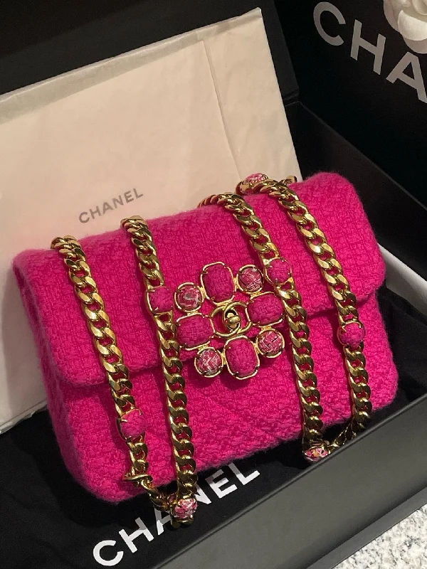 Chanel Designer Handbag with Unique DesignChanel 22k Pink Tweed Flap Bag Microchip Medium