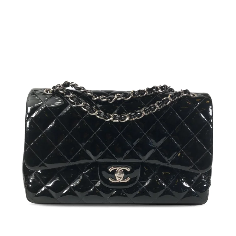 Chanel Classic Flap Bag for Evening PartyChanel Classic Double Flap Jumbo Black Patent Leather Silver