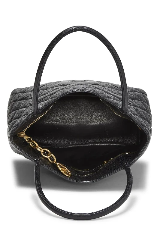 Chanel Designer Handbag with Unique DesignChanel,  Black Quilted Caviar Medallion Tote, Black