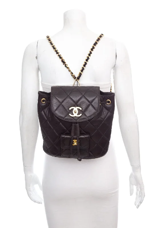 Chanel Designer Handbag with Unique DesignChanel Vintage Black Lambskin Quilted Drawstring Backpack