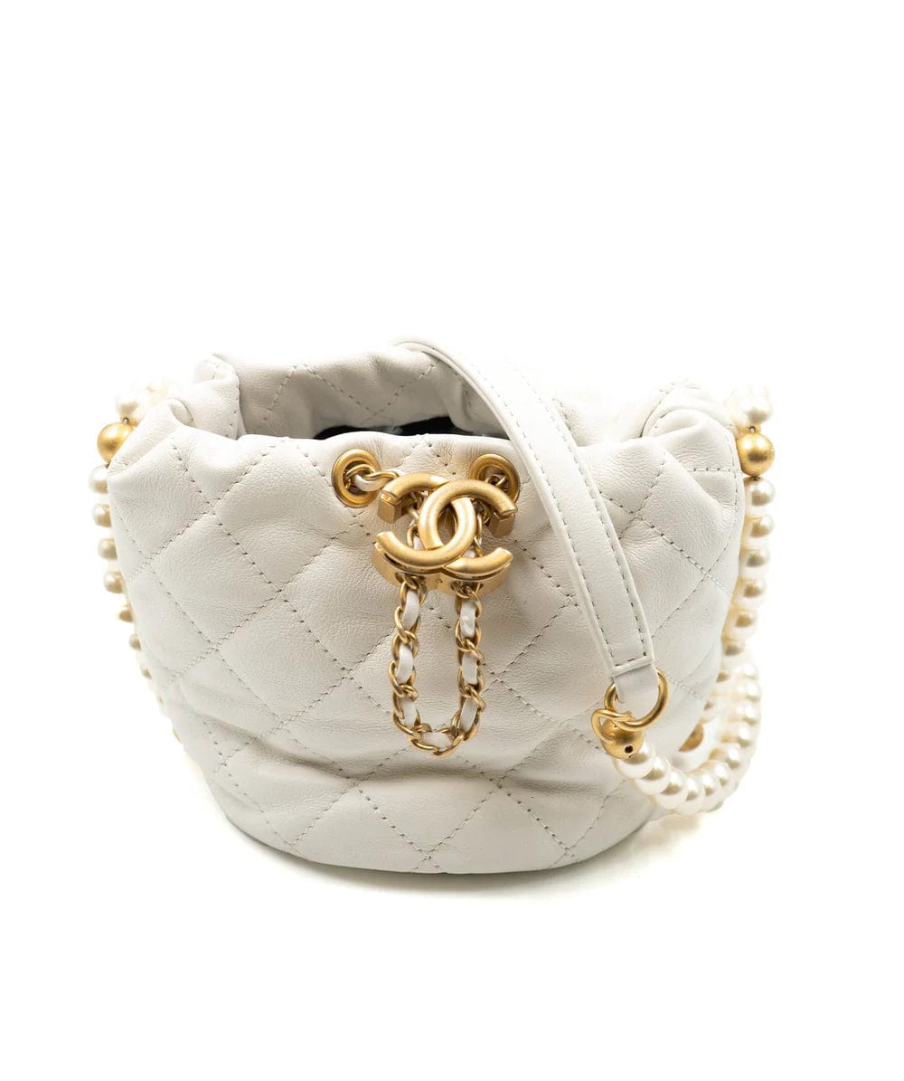 Chanel Handbag with Adjustable Strap for ComfortChanel Light White Calfskin Quilted Pearl Mini About Pearls Drawstring Bucket Bag - DXBS1466