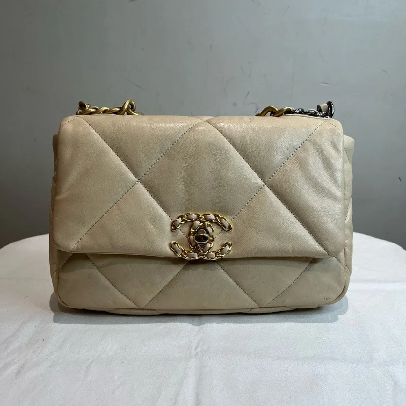 Chanel Handbag with Adjustable Strap for ComfortChanel 19 Beige Leather Quilted Flap Bag Medium Size