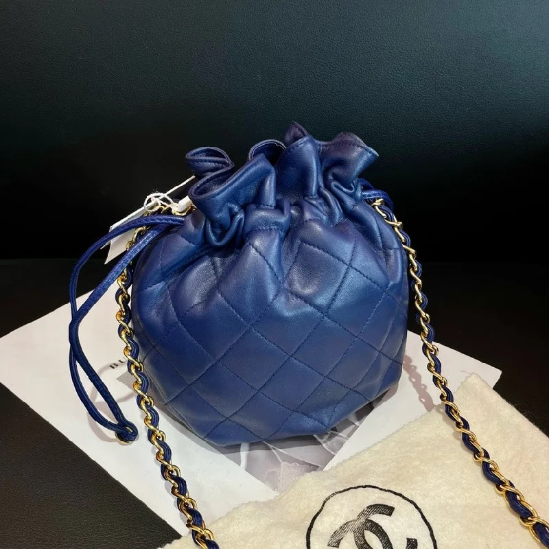 Chanel Vintage Inspired Handbag for Retro LoversChanel Blue Sheepskin Drawstring Crossbody Bag