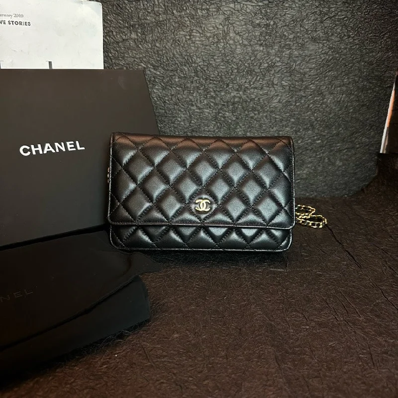 Chanel Chain Strap Handbag for Everyday UseChanel Black Gold WOC Bag 19cm Quilted Lambskin Flap Chain Wallet