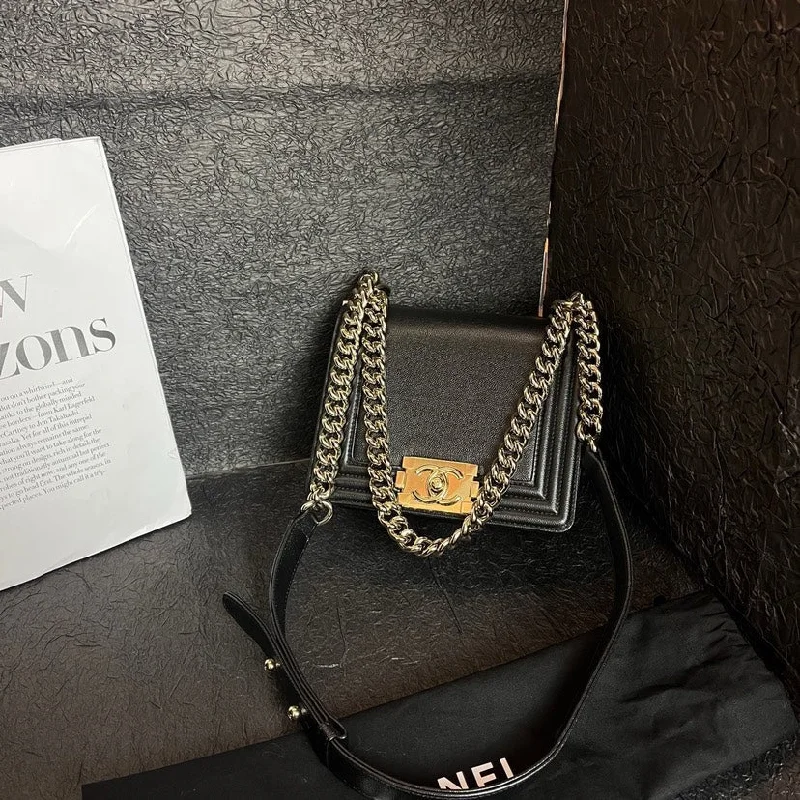 Chanel Chain Strap Handbag for Everyday UseChanel Le Boy Black Gold Logo Bag 18cm