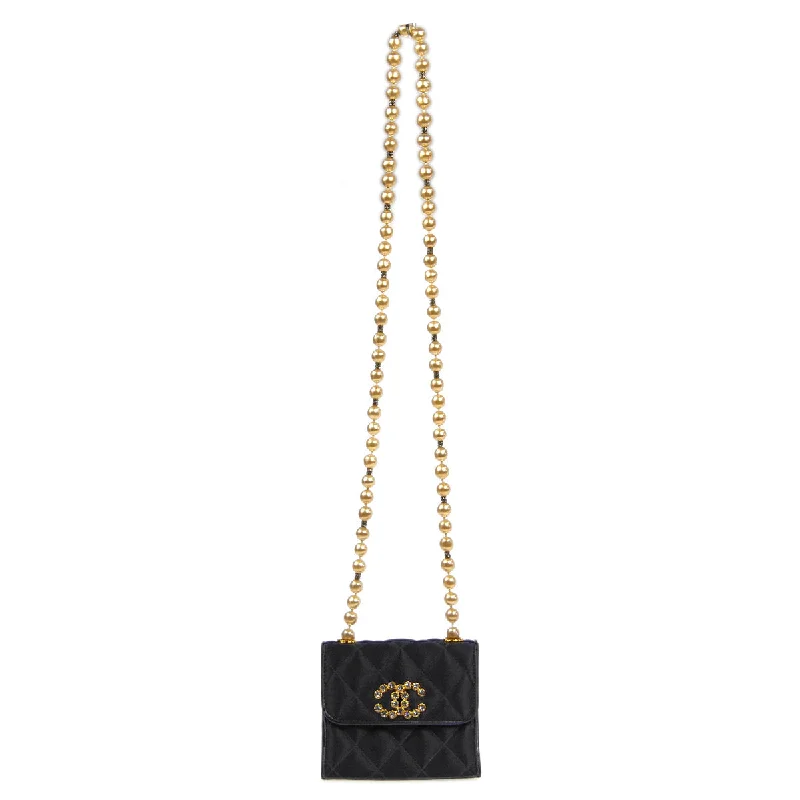 Chanel Luxury Handbag for High - End EventsCHANEL * Jumbo Rhinestone Pearl Mini Shoulder Bag Black Satin