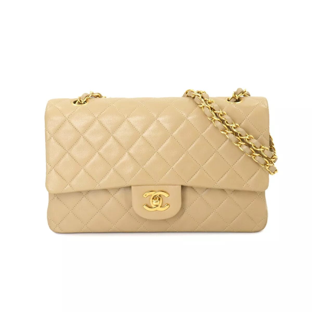 Chanel Quilted Leather Shoulder Bag for FashionistasCHANEL Matelasse 25 Chain Shoulder Bag Leather Beige A01112 Vintage 90253103