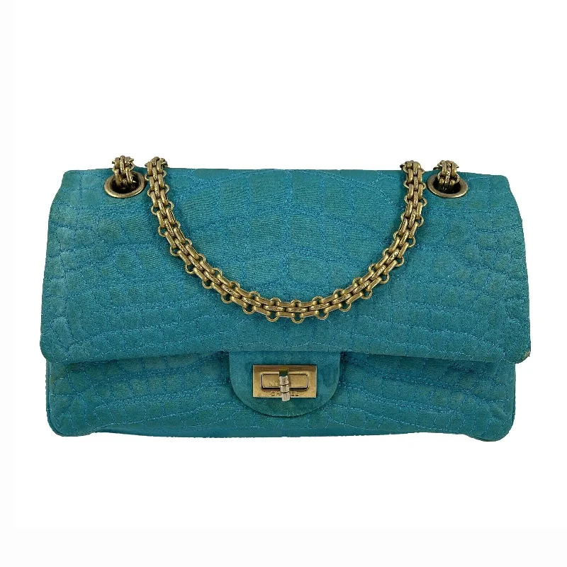 Chanel Luxury Handbag for High - End EventsCHANEL - Reissue Small 2.55 Satin Crocodile Stitche - Turquoise / Gold Crossbody