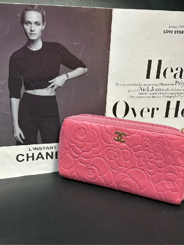 Chanel Small Crossbody Bag for TravelChanel Pink Leather Floral Embossed Zip Around Wallet