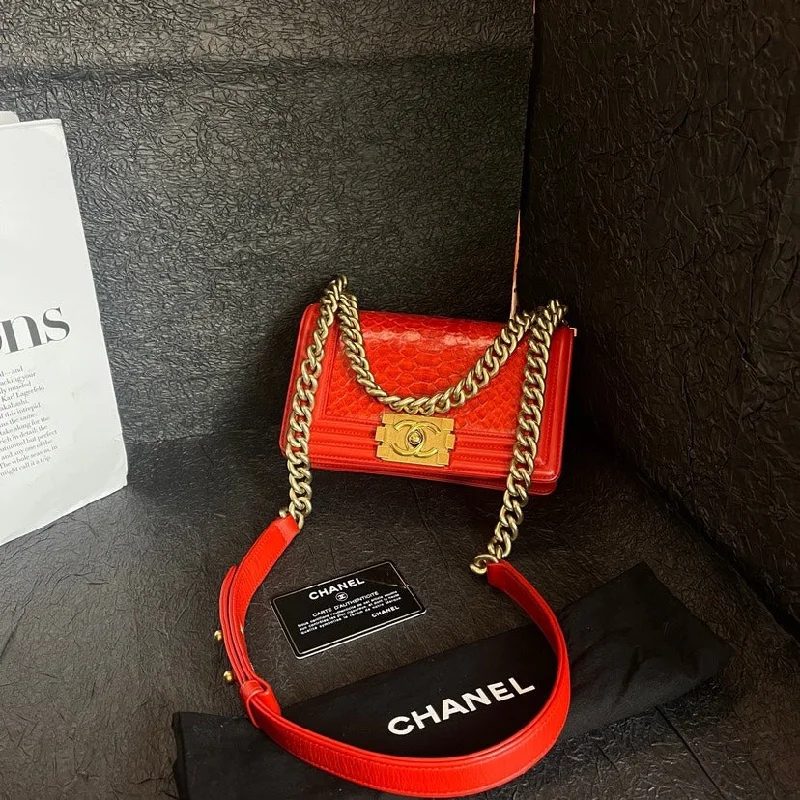 Chanel Quilted Leather Shoulder Bag for FashionistasChanel Tomato Red Snake Skin Small Leboy Bag 19cm