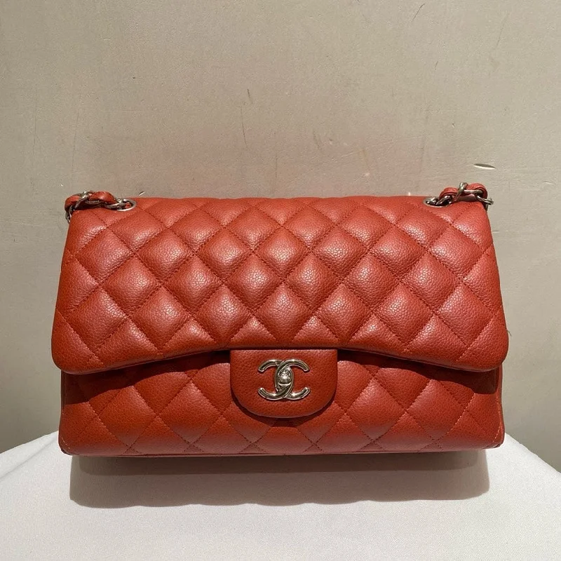 Chanel Handbag with Adjustable Strap for ComfortChanel Salmon Red Caviar Leather Jumbo Bag Quilted Flap