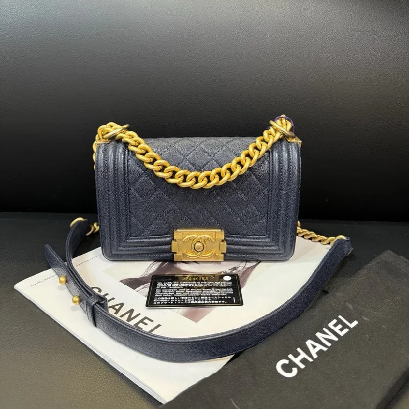 Chanel Designer Handbag with Unique DesignChanel Leboy Dark Blue Gold Buckle Small Bag