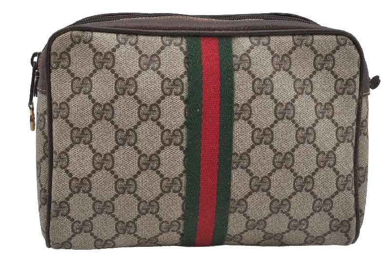 Women Gucci crossbody bags with a printed floral patternAuthentic GUCCI Web Sherry Line Clutch Hand Bag GG PVC Leather Brown Junk 4243J