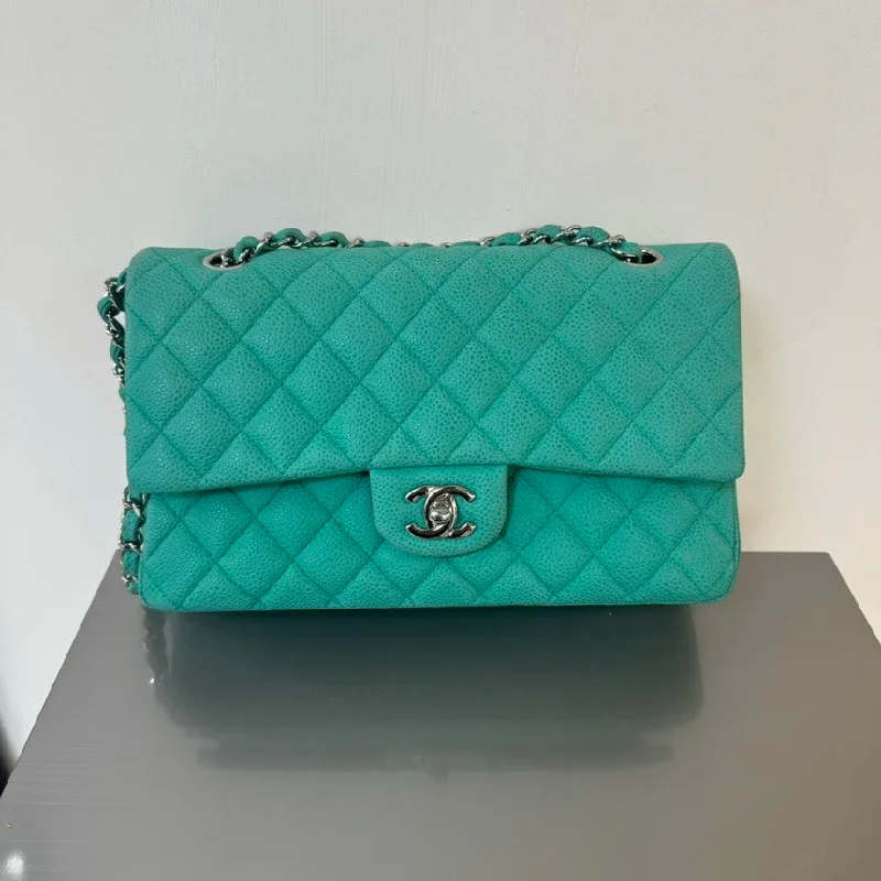 Chanel Designer Handbag with Unique DesignChanel Double Flap Turquoise Quilted Caviar Leather Shoulder Bag Medium