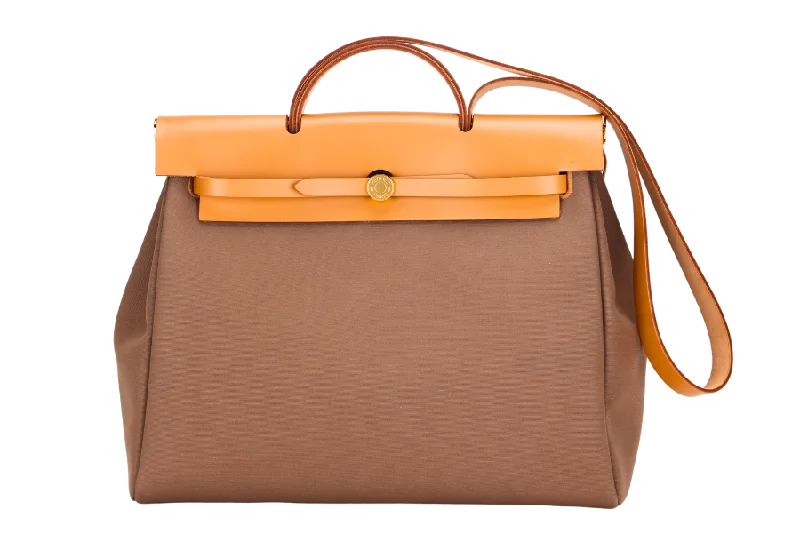 HERMES HERBAG ZIP RETOURNE 39 NATUREL SABLE COLOR VERSO TOILE OFFICER BICOLORE & ETOUPE-DUNE COLOR VACHE HUNTER GOLD HARDWARE WITH KEYS&LOCK, DUST COVER & BOX