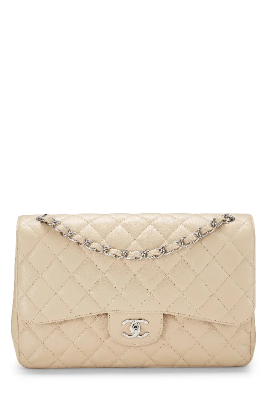 Chanel Chain Strap Handbag for Everyday UseChanel,  Beige Quilted Caviar New Classic Double Flap Jumbo, Beige