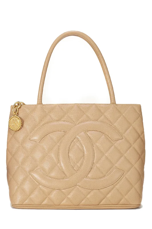 Chanel Lightweight Handbag for Daily ErrandsChanel,  Beige Quilted Caviar Medallion Tote, Beige