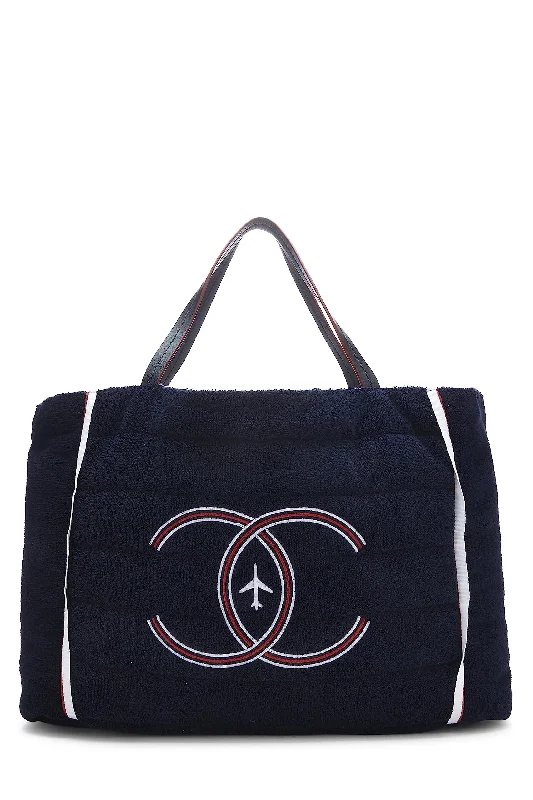 Chanel Medium Tote Bag for Office LadiesChanel,  Navy Terry Cloth & Silver Nylon Reversible Airlines Tote Large, Silver